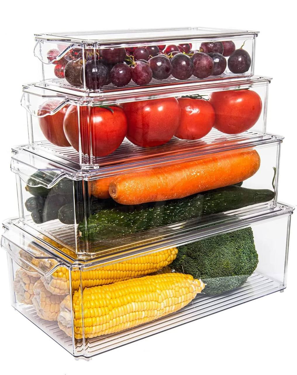 4 pcs Big capacity BPA-Free Stackable acrylic Fridge Organizer Bins with Lids