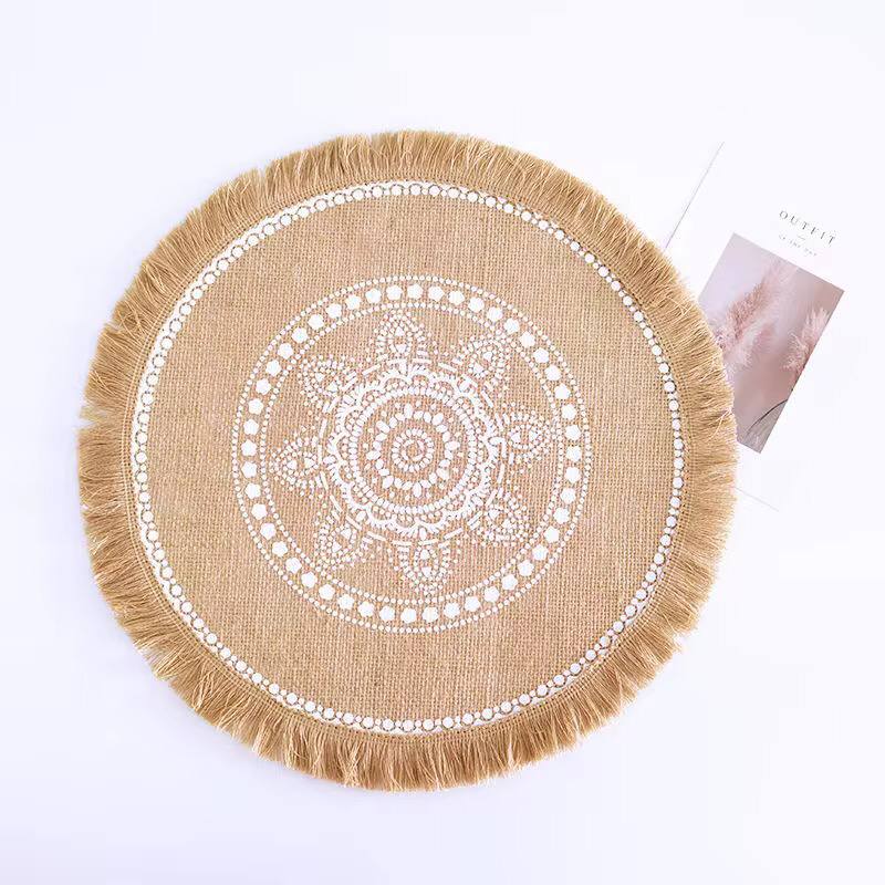 42 cm Boho woven jute dining placemats with silkscreen printing