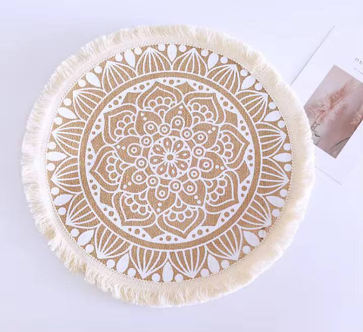 42 cm Boho woven jute dining placemats with silkscreen printing