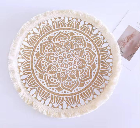 42 cm Boho woven jute dining placemats with silkscreen printing