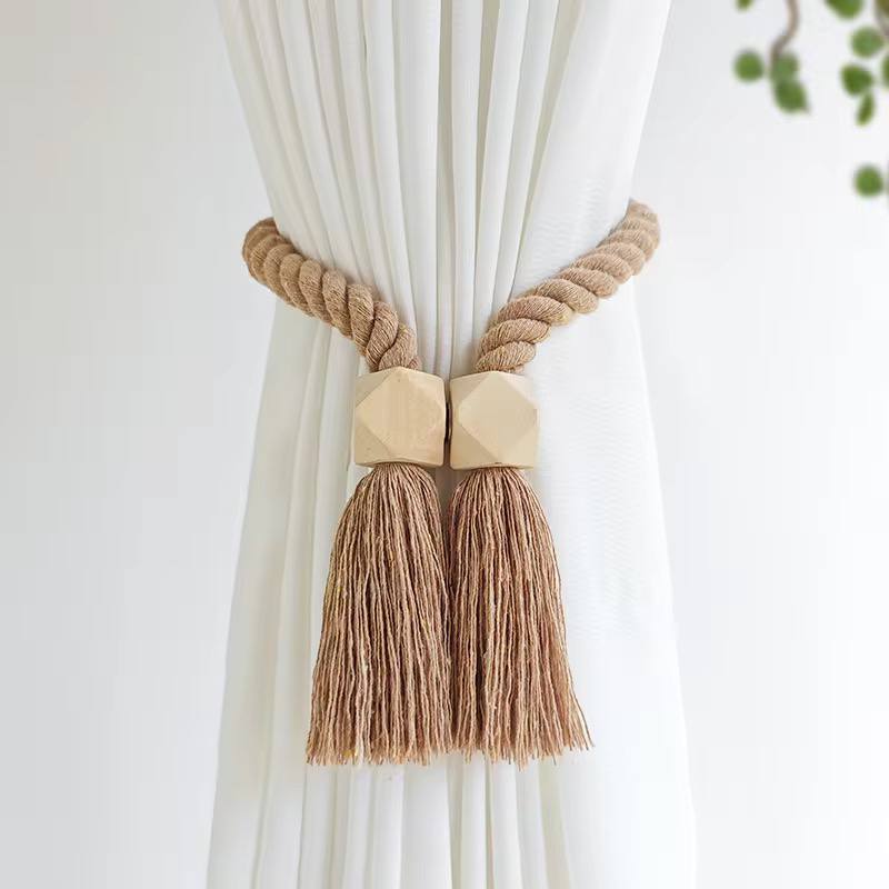 Hand-woven solid wood magnetic knot curtain tiebacks with Boho style