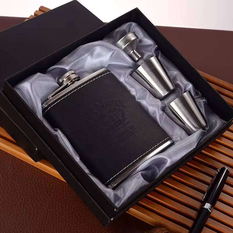 Jack Daniel's Branded Whiskey flask with two stainless steel tot glasses