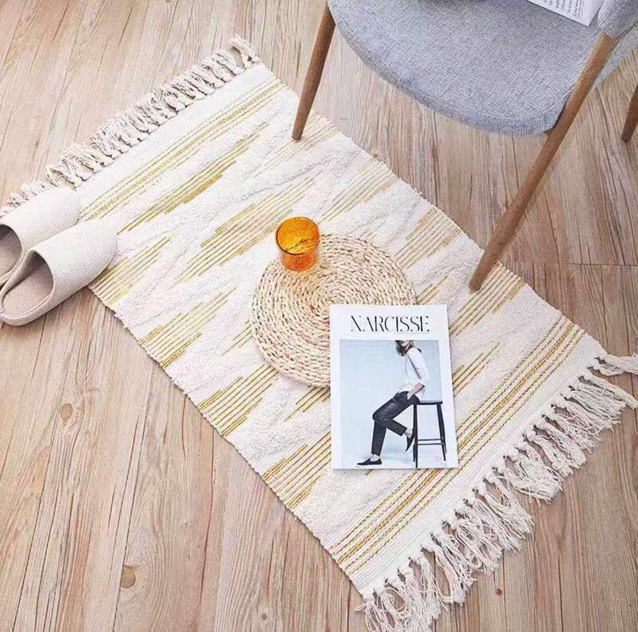 Bohemian Nordic style bedroom rug with tassels