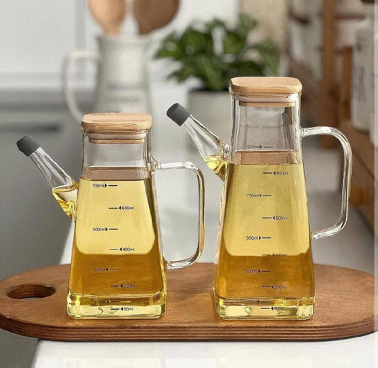 High borosilicate cooking oil vinegar dispenser with bamboo lid