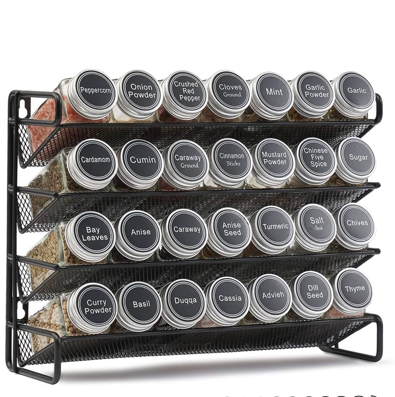seasoning spice jars with lid and a metallic rack