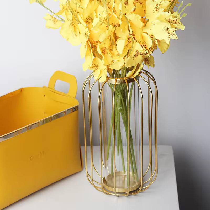 Modern Nordic luxury home decor contemporary metal bird cage shape flower glass vase