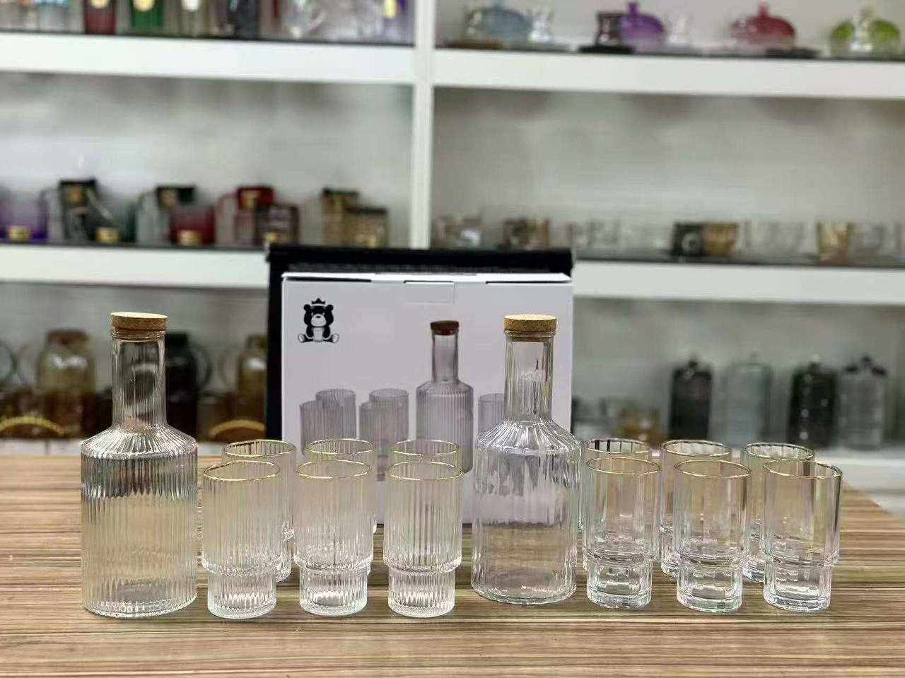 Custom Vertical Decanter with Bamboo lid & 6pcs Highball Glassware with Gold Rim.