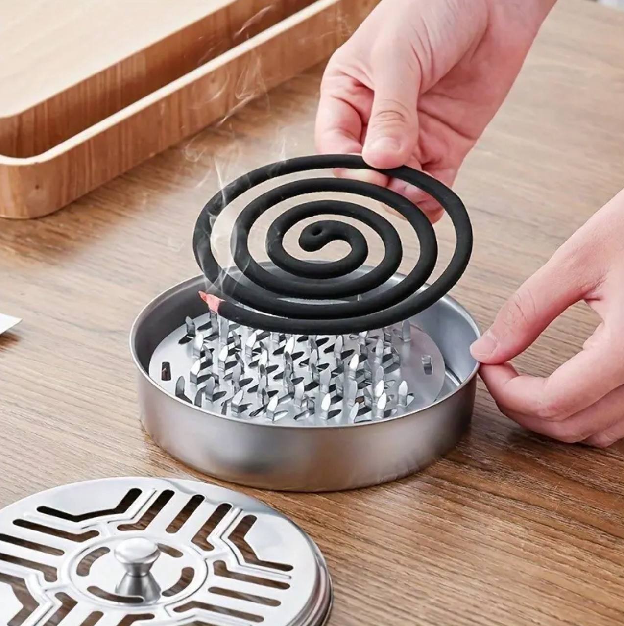 New Stainless Steel Mosquito Coil Holder with Lid and Ashtray