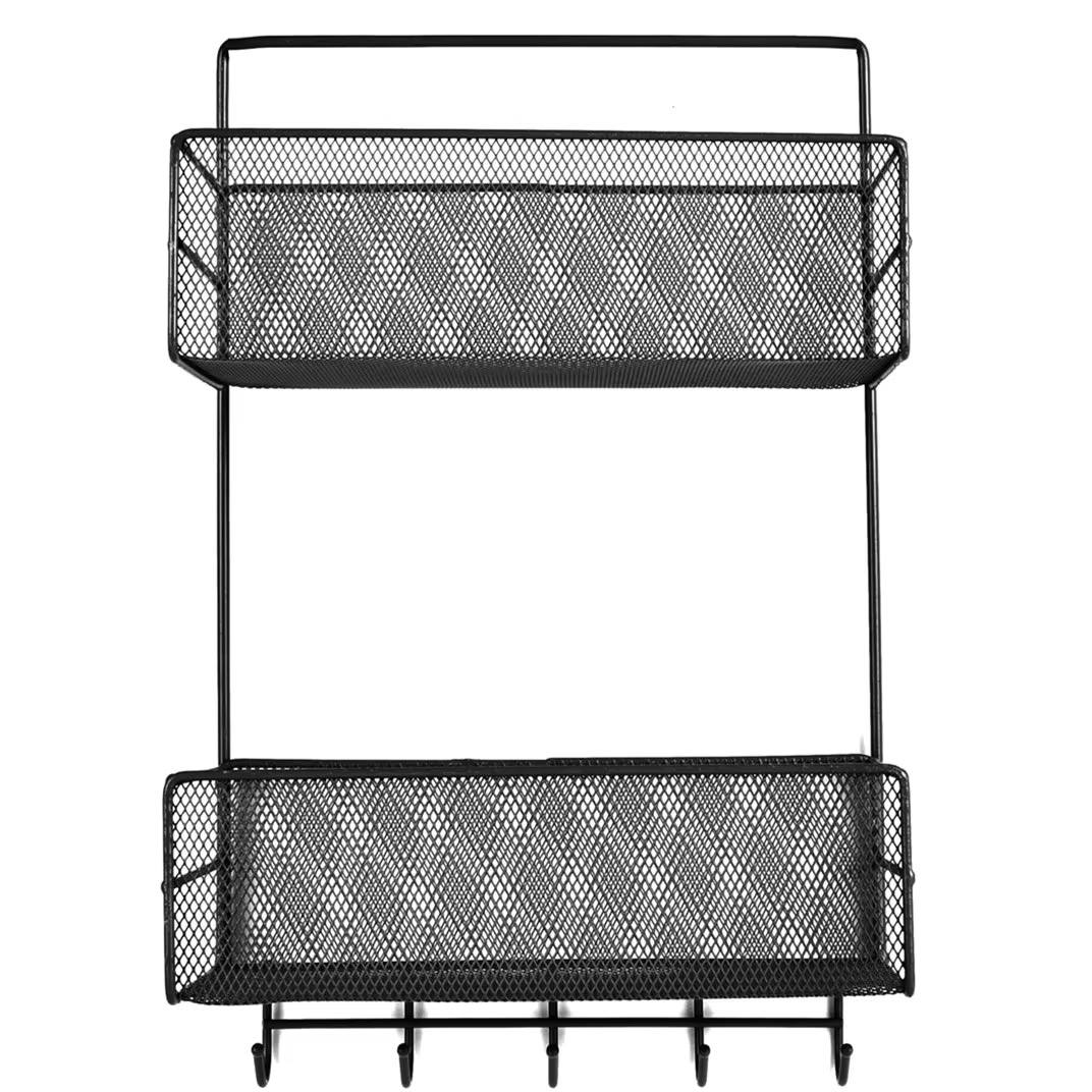 2 layer wall-mounted bathroom shelf shower shampoo rack with hooks