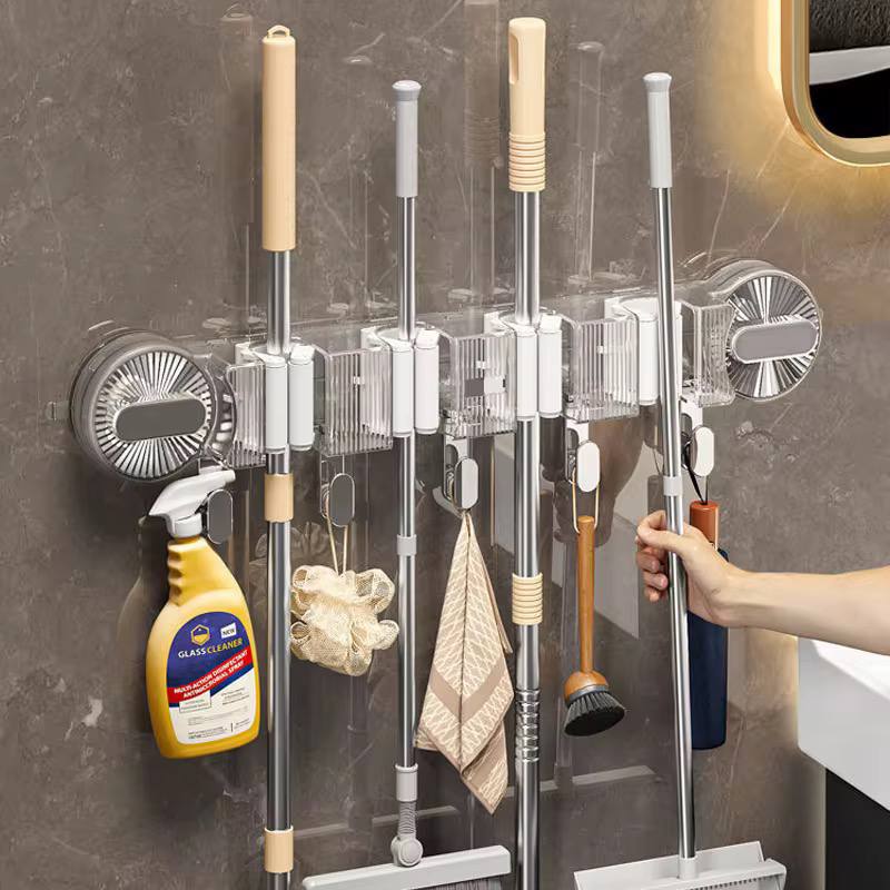 4-Holes Multi-Purpose Hooks Mop Hanger / Rack with  Hanging Hooks & Self adhesive Stickers