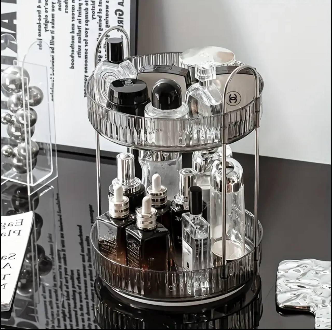 360 DEGREE 2 TIER ROTATING MULTIFUNCTIONAL TRANSPARENT MAKEUP/COSMETIC ORGANIZER.