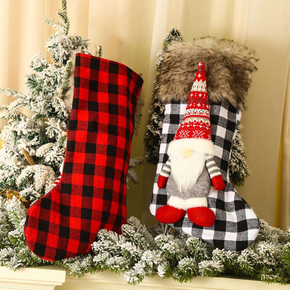 Christmas Stockings  Buffalo Plaid Christmas Stockings with 3D Gnome Santa & Faux Fur Cuff