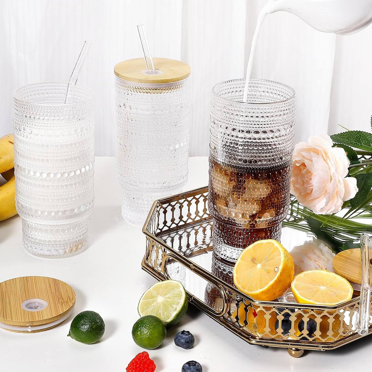 475ml Glass Cups with Lids and Straws, Vintage  Embossed tumbler Glassware for Whiskey Cocktail Beer, Iced Coffee/tea Cups with Lid, Glass Tumbler with Straw and Lid