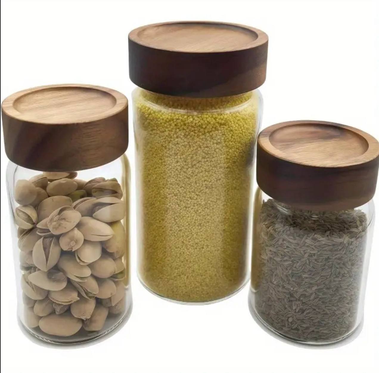 Mulit-purpose Modern Glass Sealed storage Jars with Acacia wood lid and Spoons