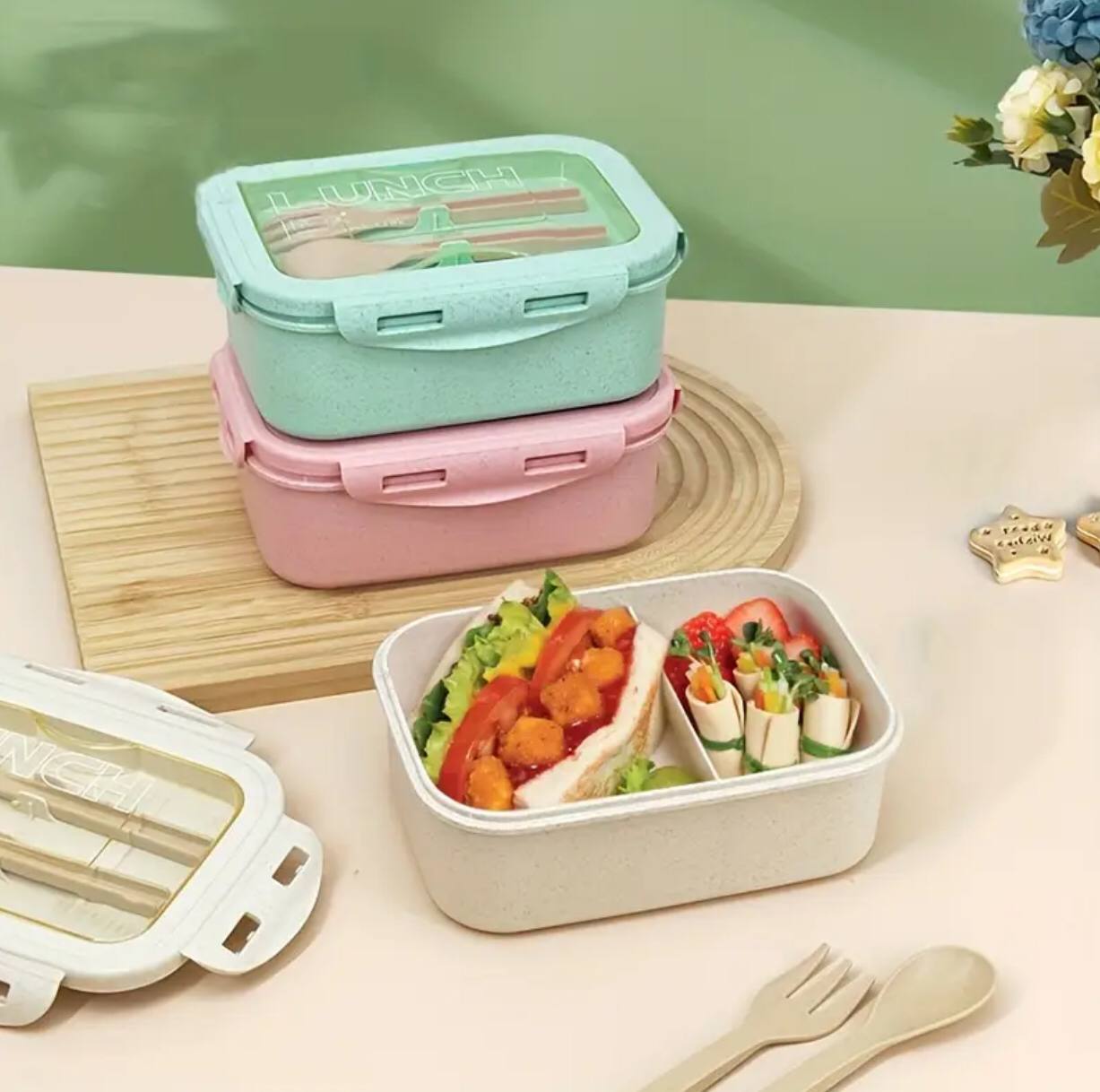 BENTO LUNCH BOX WITH 2 COMPARTMENTS AND CHOPSTICKS WITH A DOUBLE SIDED SPOON WITH KNIFE