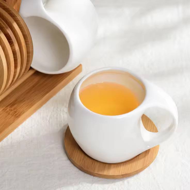 Fashion ceramic 6 cups (200ml) with wooden bamboo stand and 6 bamboo coasters