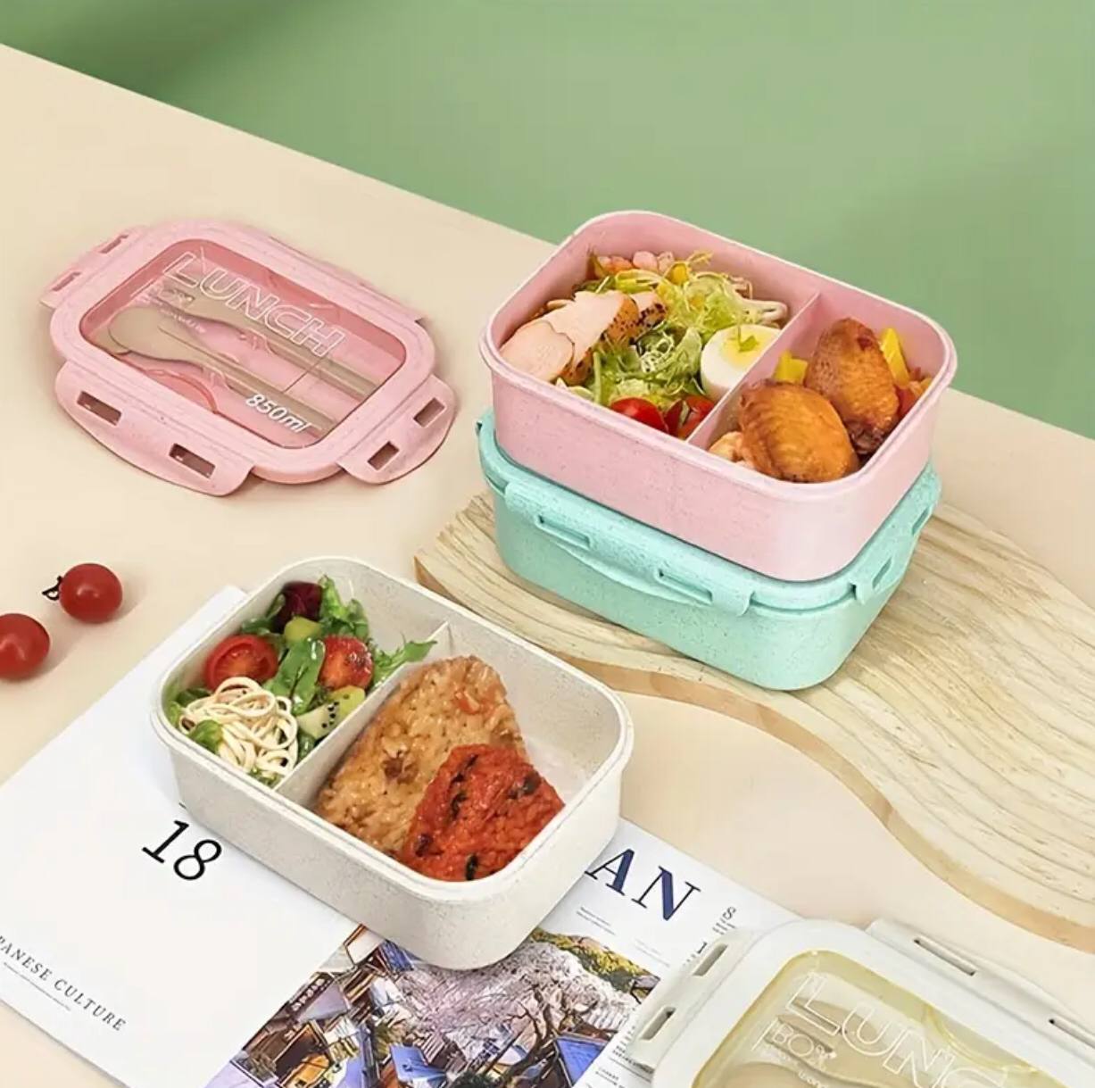 BENTO LUNCH BOX WITH 2 COMPARTMENTS AND CHOPSTICKS WITH A DOUBLE SIDED SPOON WITH KNIFE