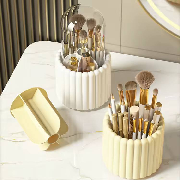 Cosmetic Brush Storage Case 360 Rotating Makeup Brush Holder with Dustproof Lid