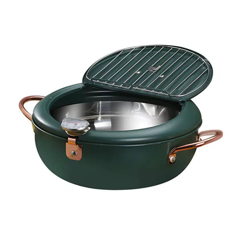Nordic green coloured 3.4L Frying pot with thermometer and oil drain grill