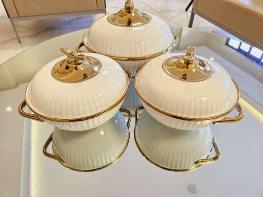 2 pcs ceramic Serving Trays with gold stand
