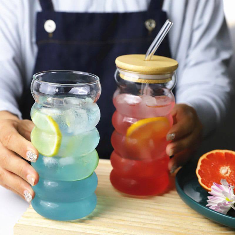 Borosilicate ripple wave glass cup with bamboo lid
