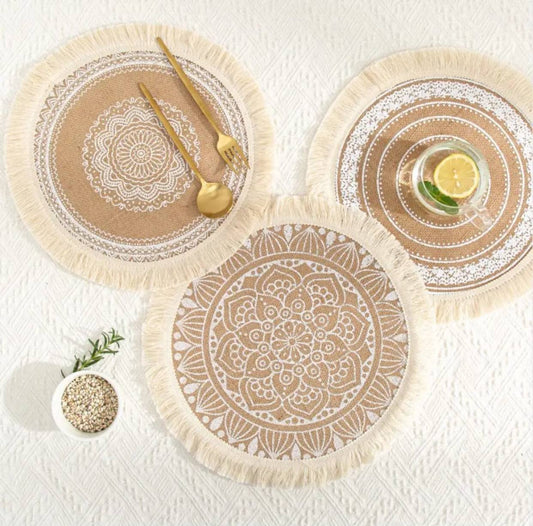 Boho Round Placemat 15 Inch Farmhouse Woven Jute Fringe