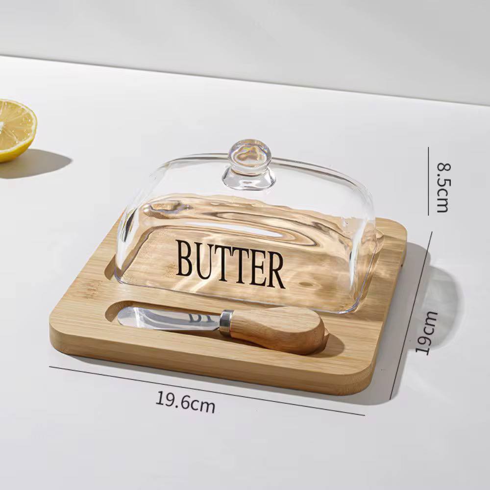 Glass butter dish with bamboo tray