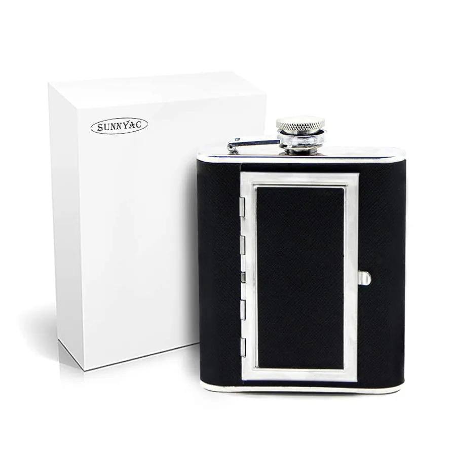 Stainless steel hip flask with a hidden cigarette storage