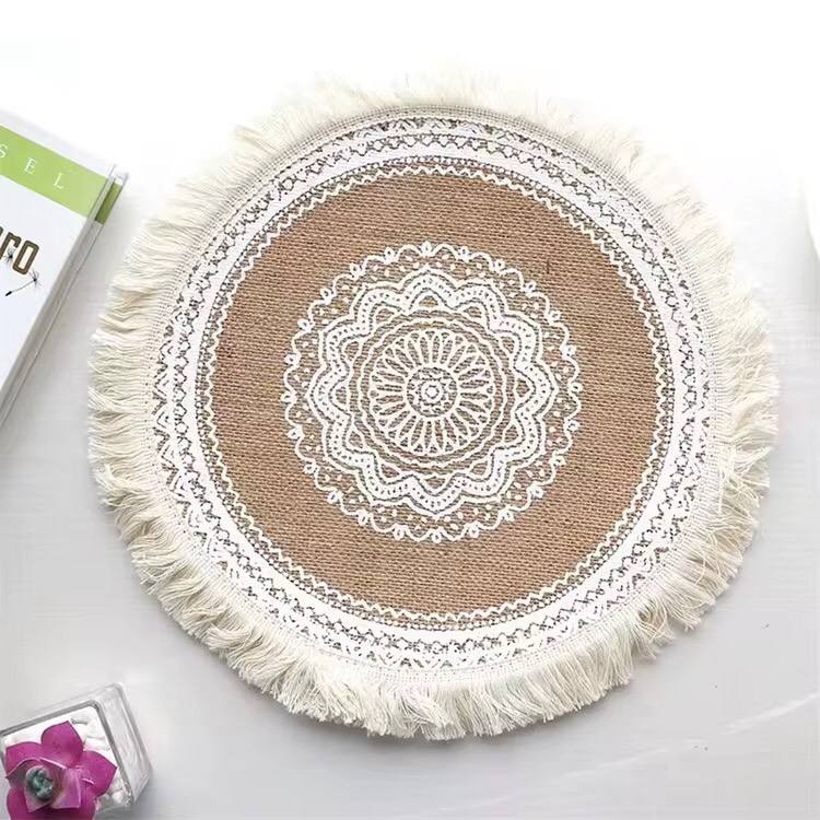 42 cm Boho woven jute dining placemats with silkscreen printing