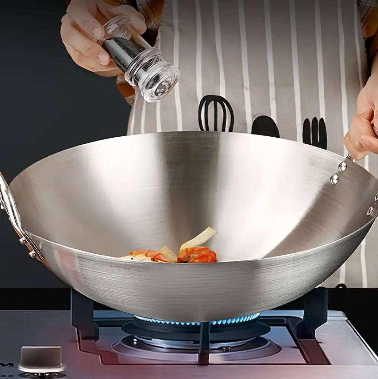 Thickened heavy gauge aluminum two  sided-handle wok frying pan