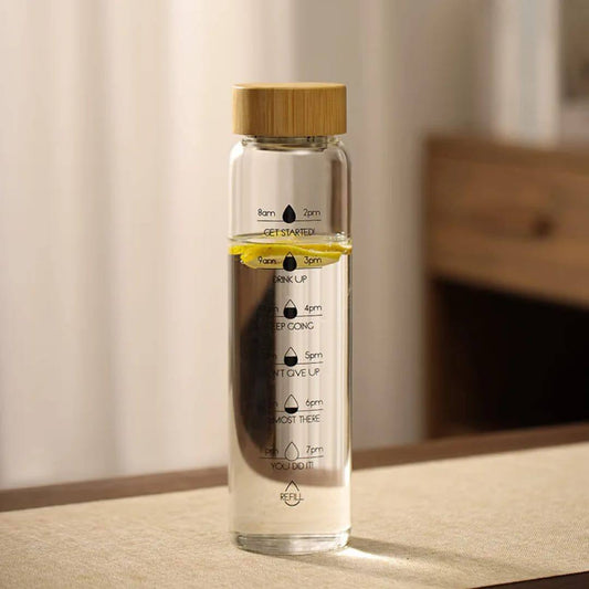 MOTIVATIONAL TIME MARKER BOROSILICATE BOTTLE WITH BAMBOO LID AND FILTER