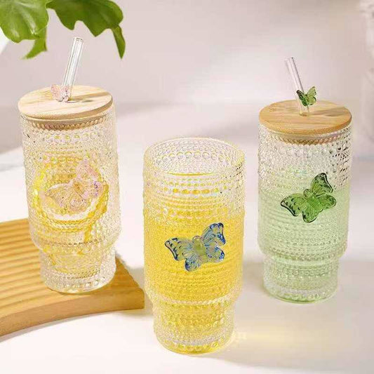 475ml Glass Cups with Lids and Straws, Vintage  Embossed tumbler Glassware for Whiskey Cocktail Beer, Iced Coffee/tea Cups with Lid, Glass Tumbler with Straw and Lid