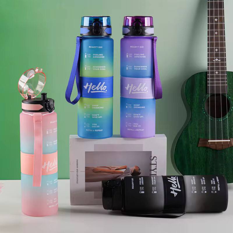 1000Ml Hello Leakproof BPA Free Drinking  Water Bottle with Time Marker & Sthraw,