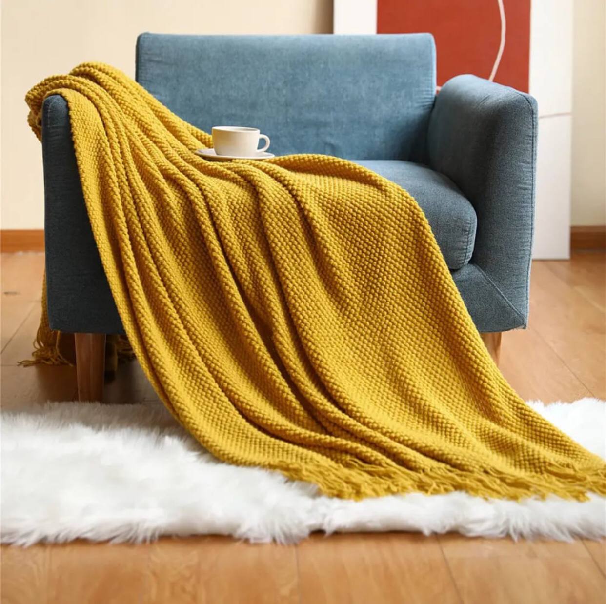 Super soft knitted throw blanket with tassels