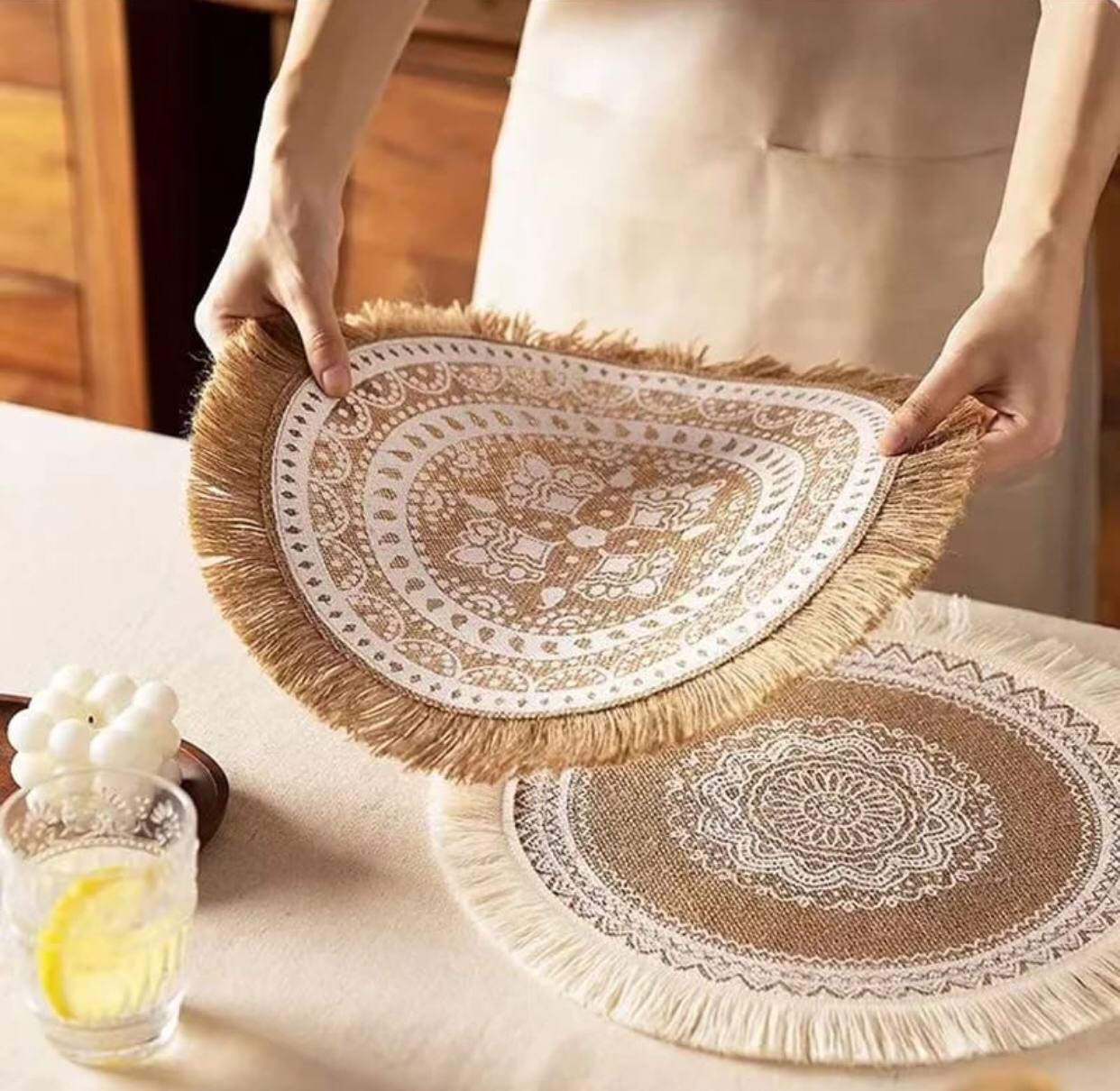 Boho Round Placemat 15 Inch Farmhouse Woven Jute Fringe