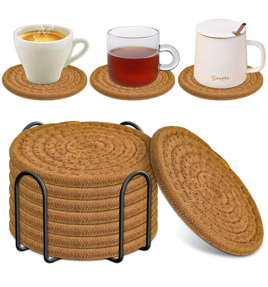 8pcs Rattan Coasters with metallic Holder