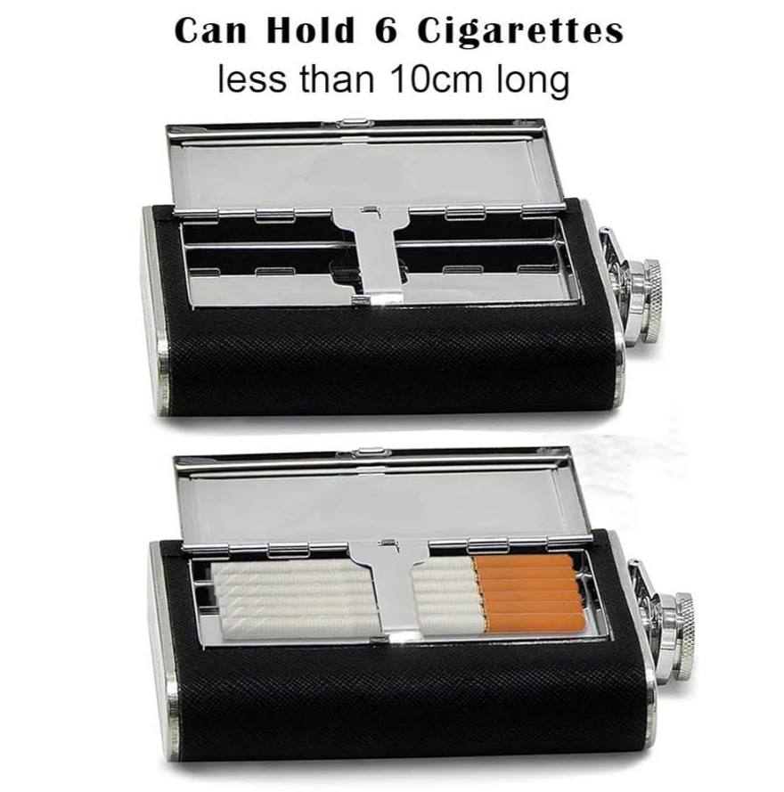 Stainless steel hip flask with a hidden cigarette storage