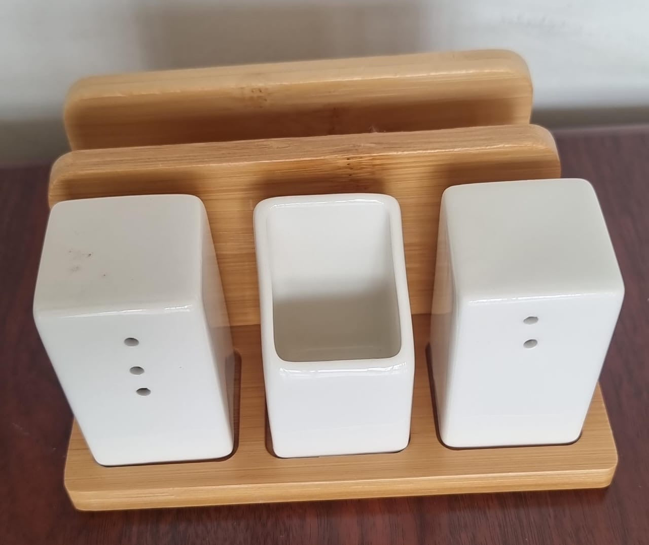 SALT SHAKER TOOTHPICK holder NAPKIN holder on  BAMBOO BASE