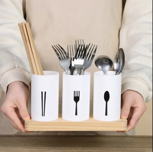 3pc cutlery organizer with oak base
