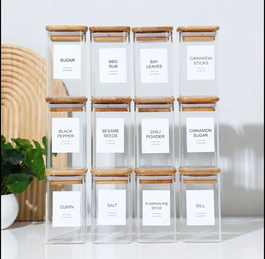 12pcs Square Glass spice jar set