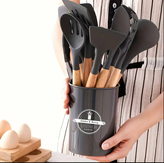 12 pcs silicon set kitchenware with a wooden handle