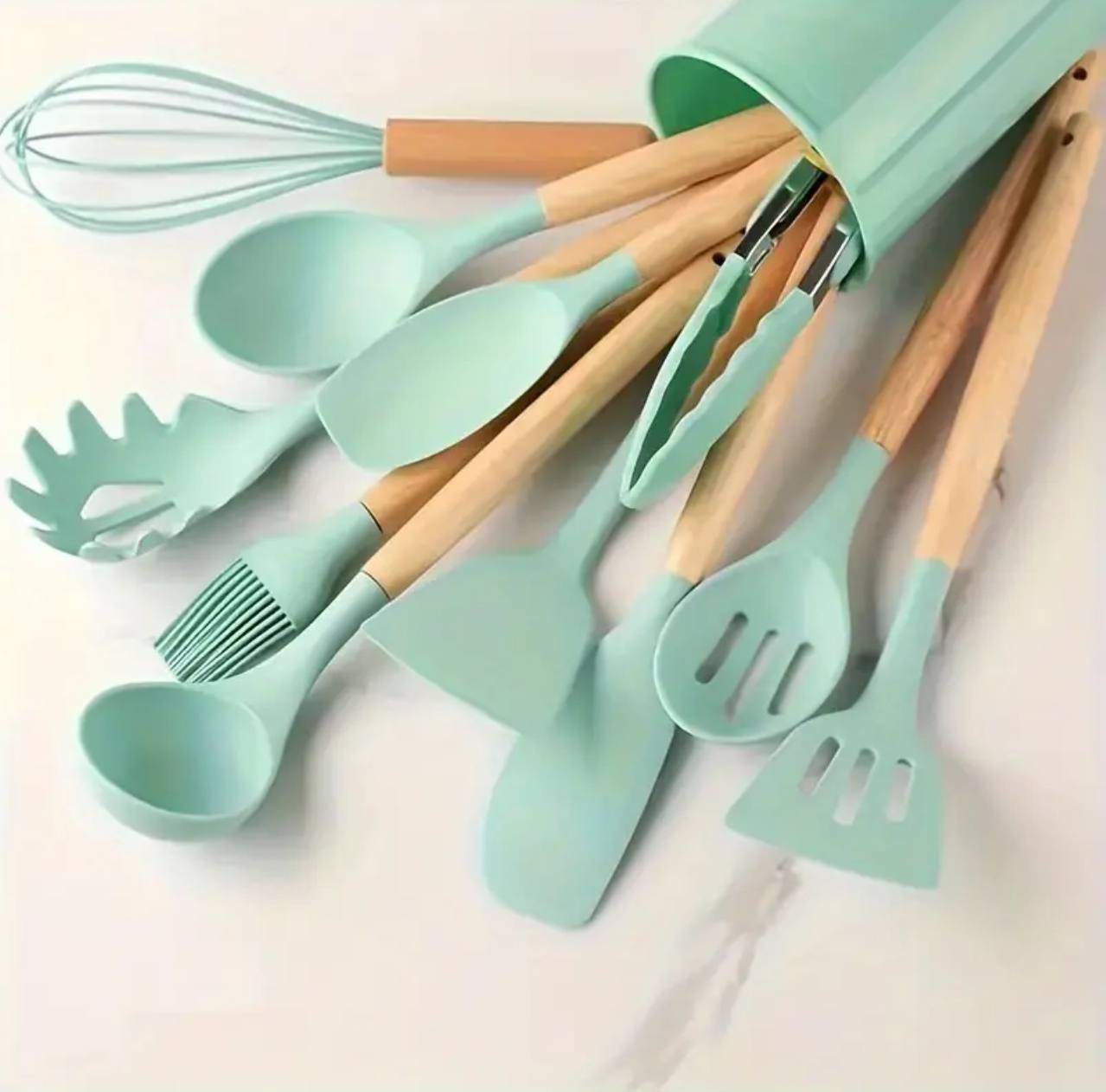 12 pcs silicon set kitchenware with a wooden handle