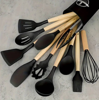 12 pcs silicon set kitchenware with a wooden handle