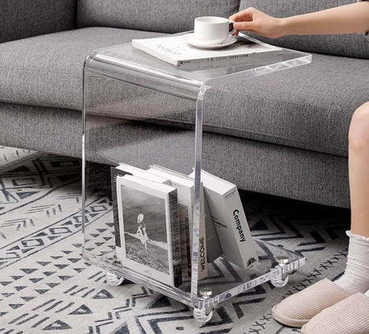 Luxury C-Shaped Clear Acrylic Side Table with Wheels