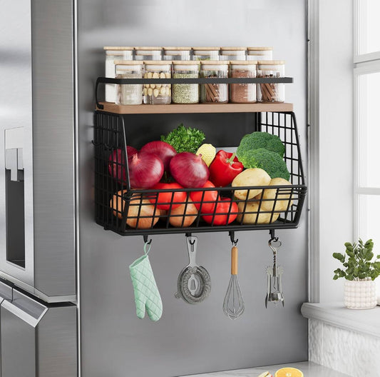 Multifunctional Magnetic/Mountable Stainless Steel Wire Storage Basket with wooden shelf