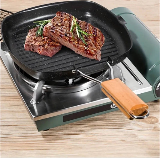 Non stick square steak pan with wooden handle