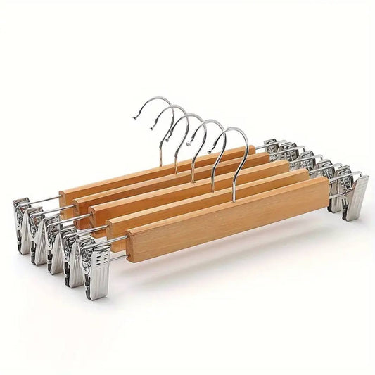 5pc High Grade Natural Wooden Hangers Skirt Pants Hangers with Clips and 360° Swivel Hook