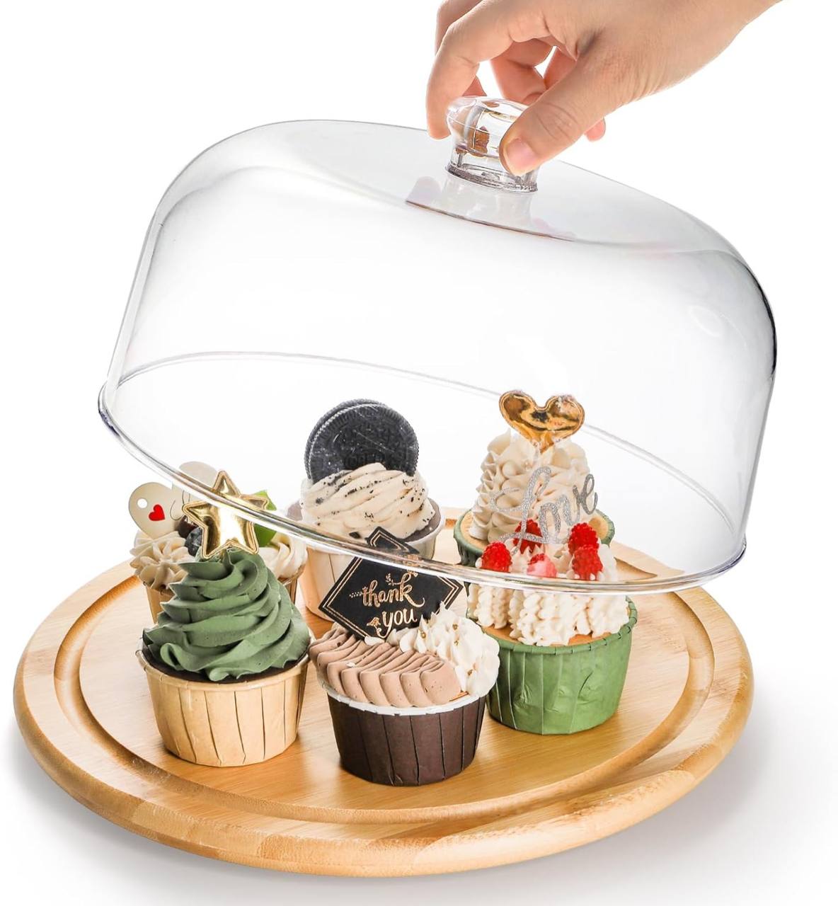 High quality bamboo base cake/fruit stand with high quality acrylic top dome cover