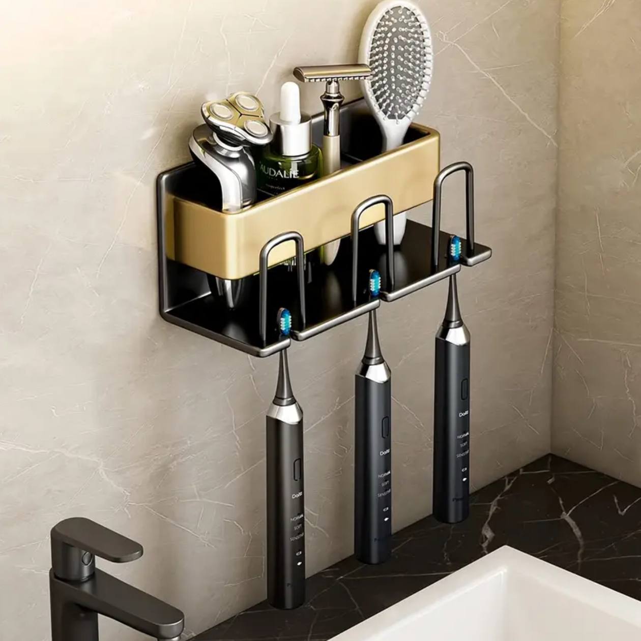 Metallic wall mounted toothbrush/paste holder.