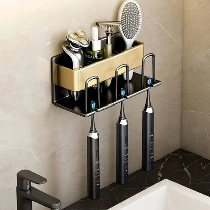 Metallic wall mounted toothbrush/paste holder.